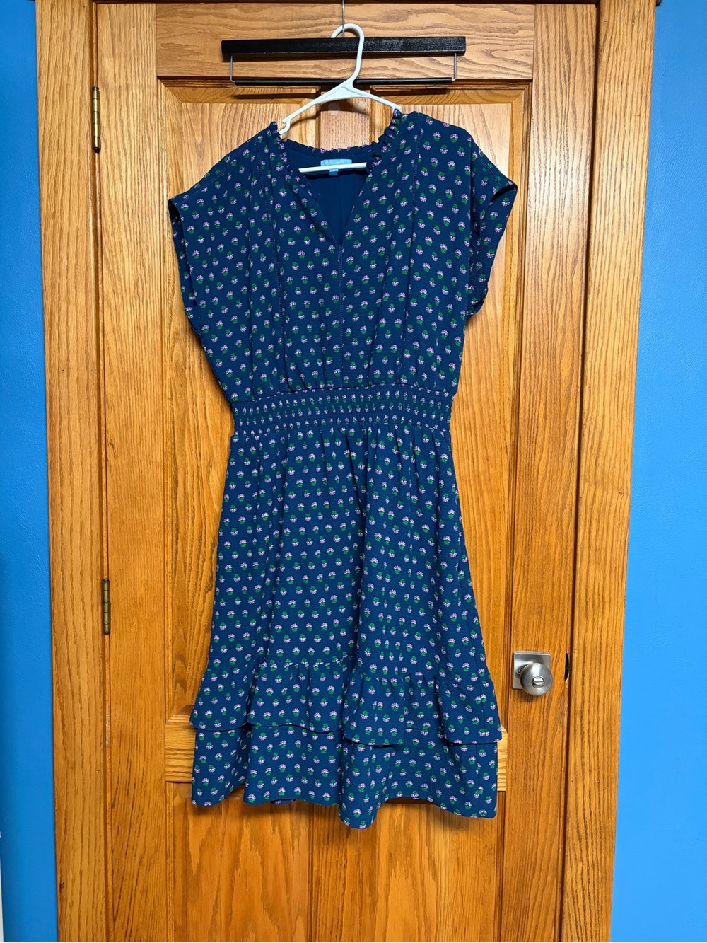 Draper James Navy Floral V-Neck Smocked Waist Dress